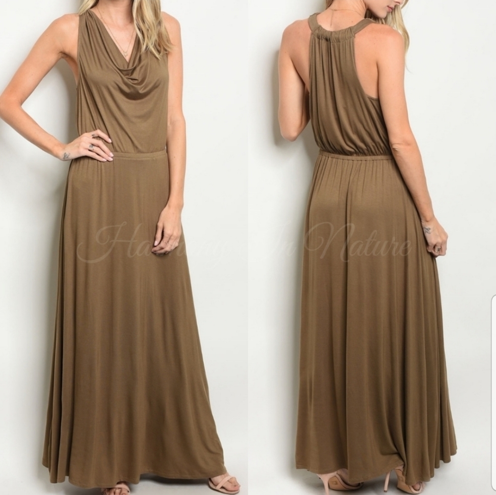 VERY J NWT Brown Cowl Neck Halter Maxi Dress Women's Size S Open Back Boho